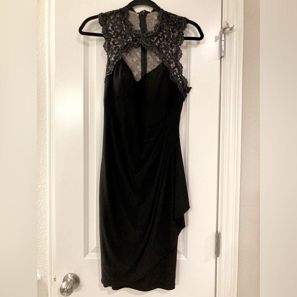 Xscape Black Lace Ruched Mini Cocktail Formal Dress Size: 6 Small
